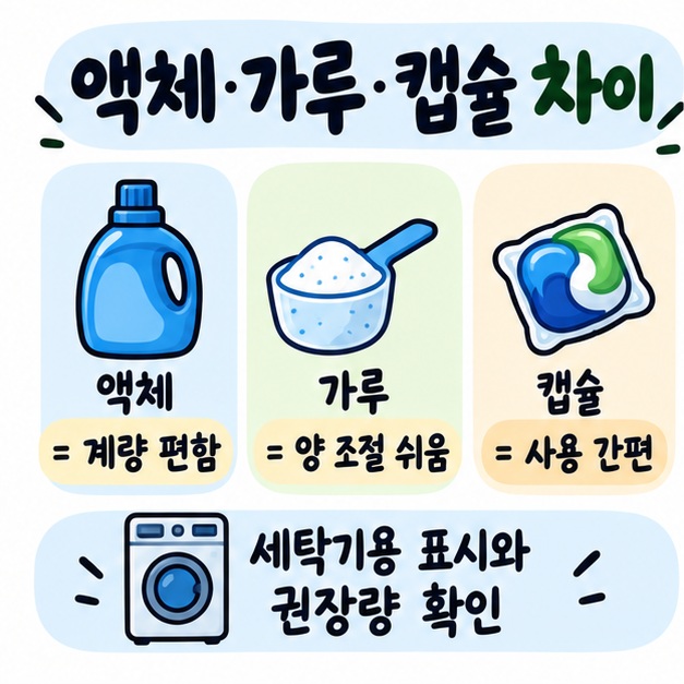액체 세제와 가루 세제, 캡슐 세제의 사용 편의성과 특징을 세 가지 용기 아이콘으로 보여주는 카드