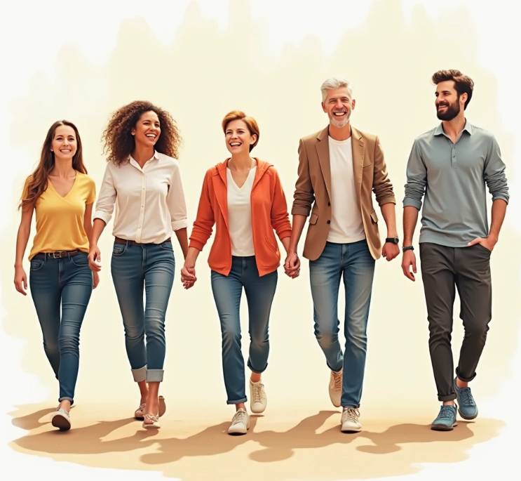 건강한 발로 활기차게 걷는 사람들의 모습을 보여주는 밝고 긍정적인 이미지. 다양한 연령대의 사람들이 편안하게 걷는 모습이 담겨 있습니다.
