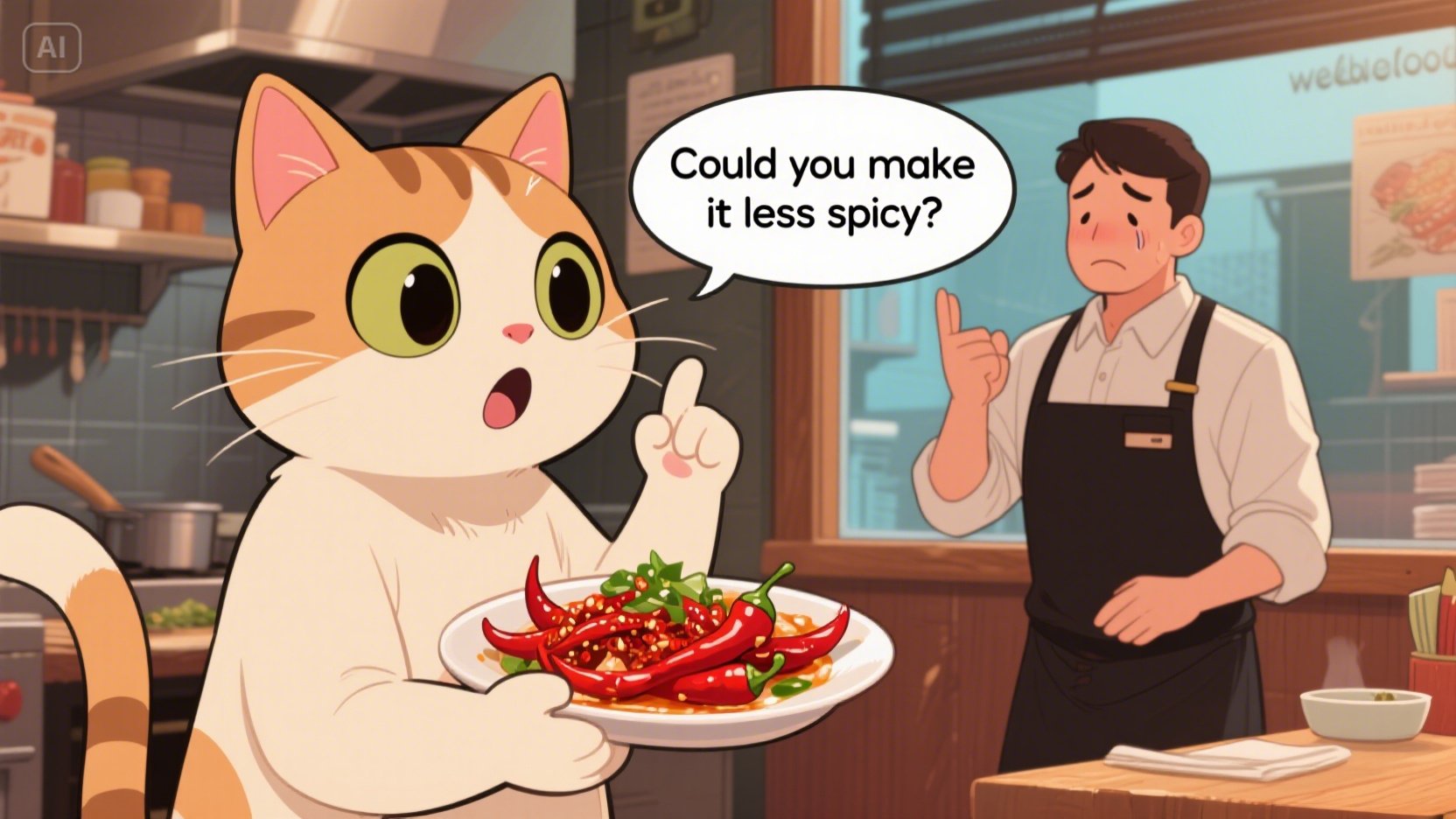 귀여운 고양이 캐릭터가 매운 음식을 들고 놀란 표정으로 웨이터에게 Could you make it less spicy? 라고 말하는 웹툰 장면