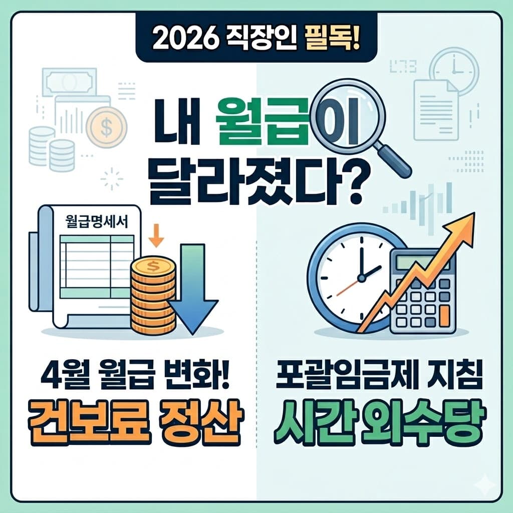 2026년 4월 건강보험료 연말정산 안내 및 고용노동부 포괄임금 오남용 방지 지침 요약 인포그래픽