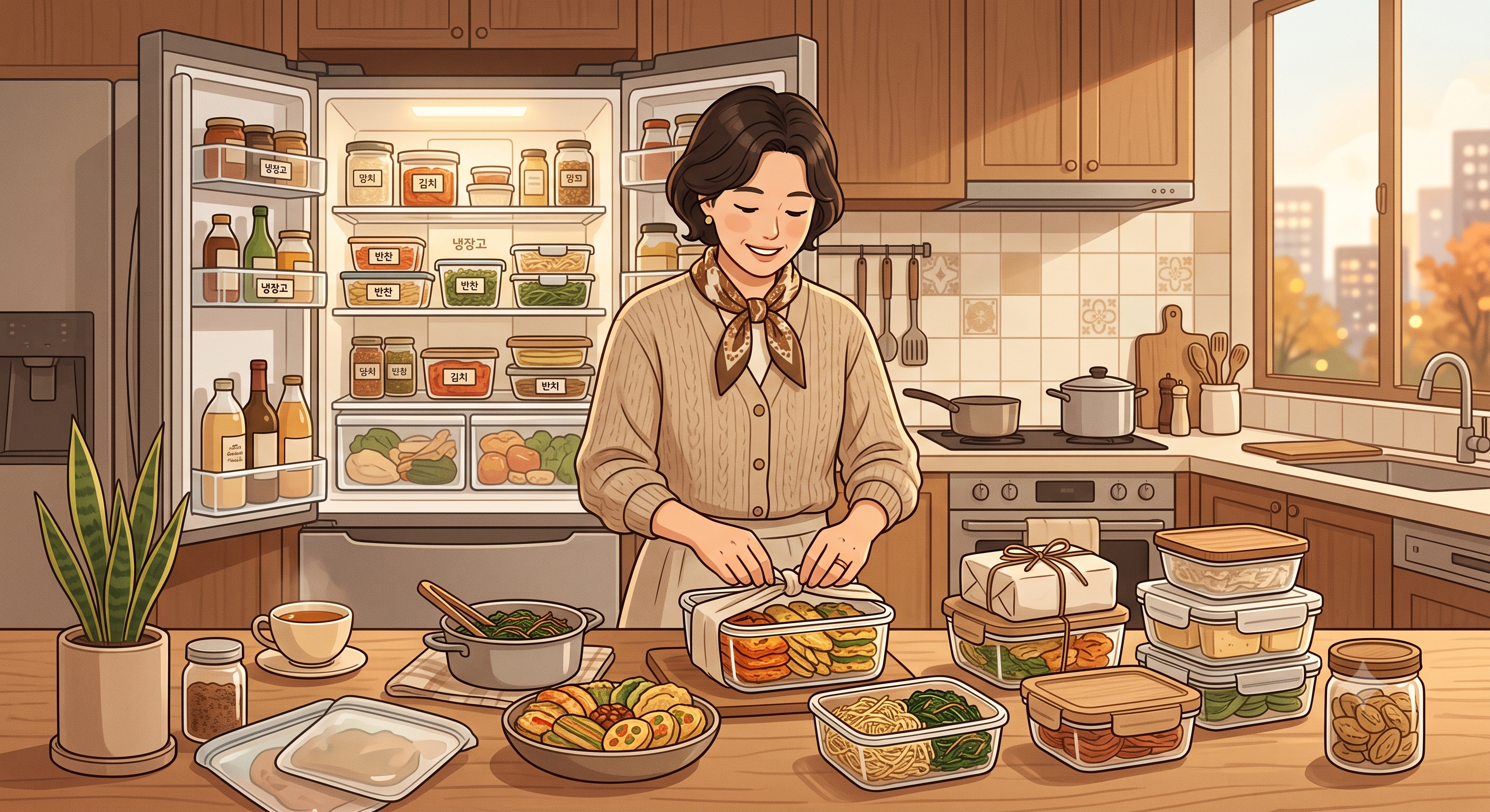 냉장고 앞에서 남은 전과 나물을 정리하는 사람 일러스트