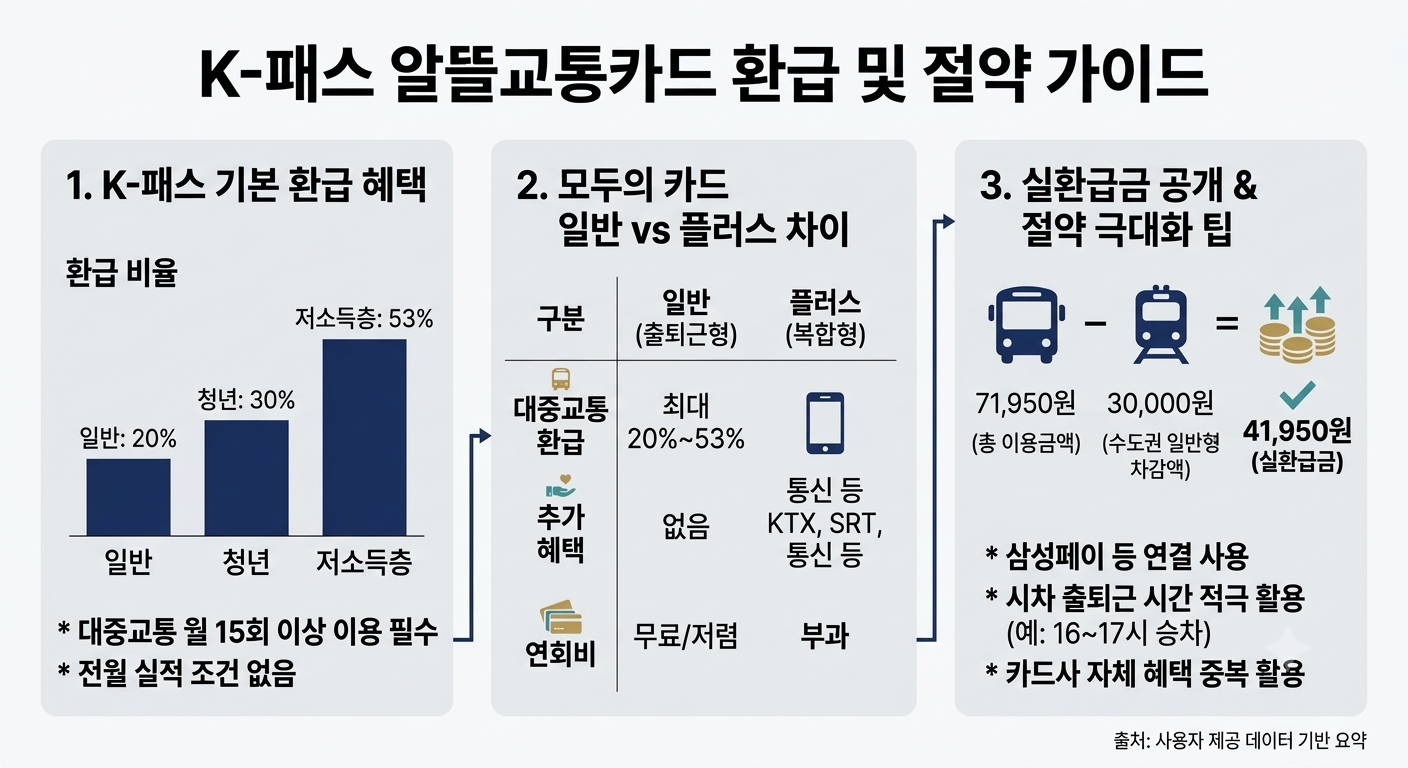 K패스 대중교통 환급 비율 및 모두의 카드 일반 플러스 차이점 실환급금 비교 인포그래픽
