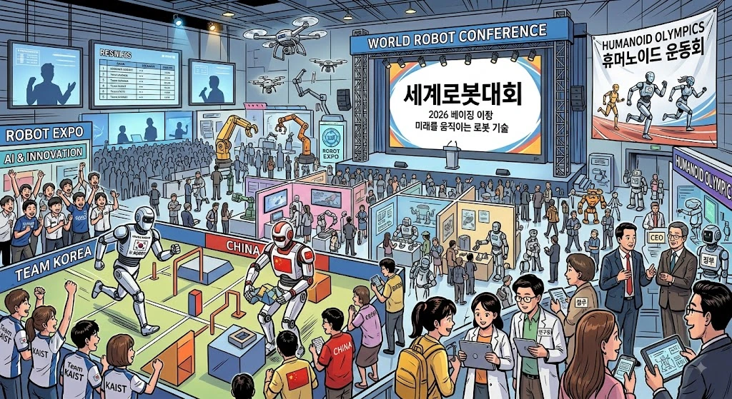 2026 베이징 세계로봇대회(WRC) 스마트혁신관 전시 및 휴머노이드 로봇 운동회 일러스트