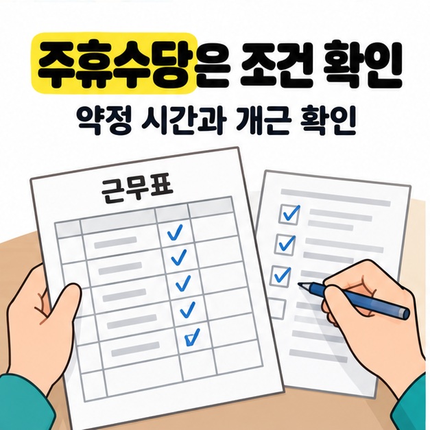 주휴수당은 조건 확인과 약정 시간과 개근 확인이라는 문구 아래 근무표와 체크된 기록지를 손과 펜으로 대조하는 모습이 보인다.