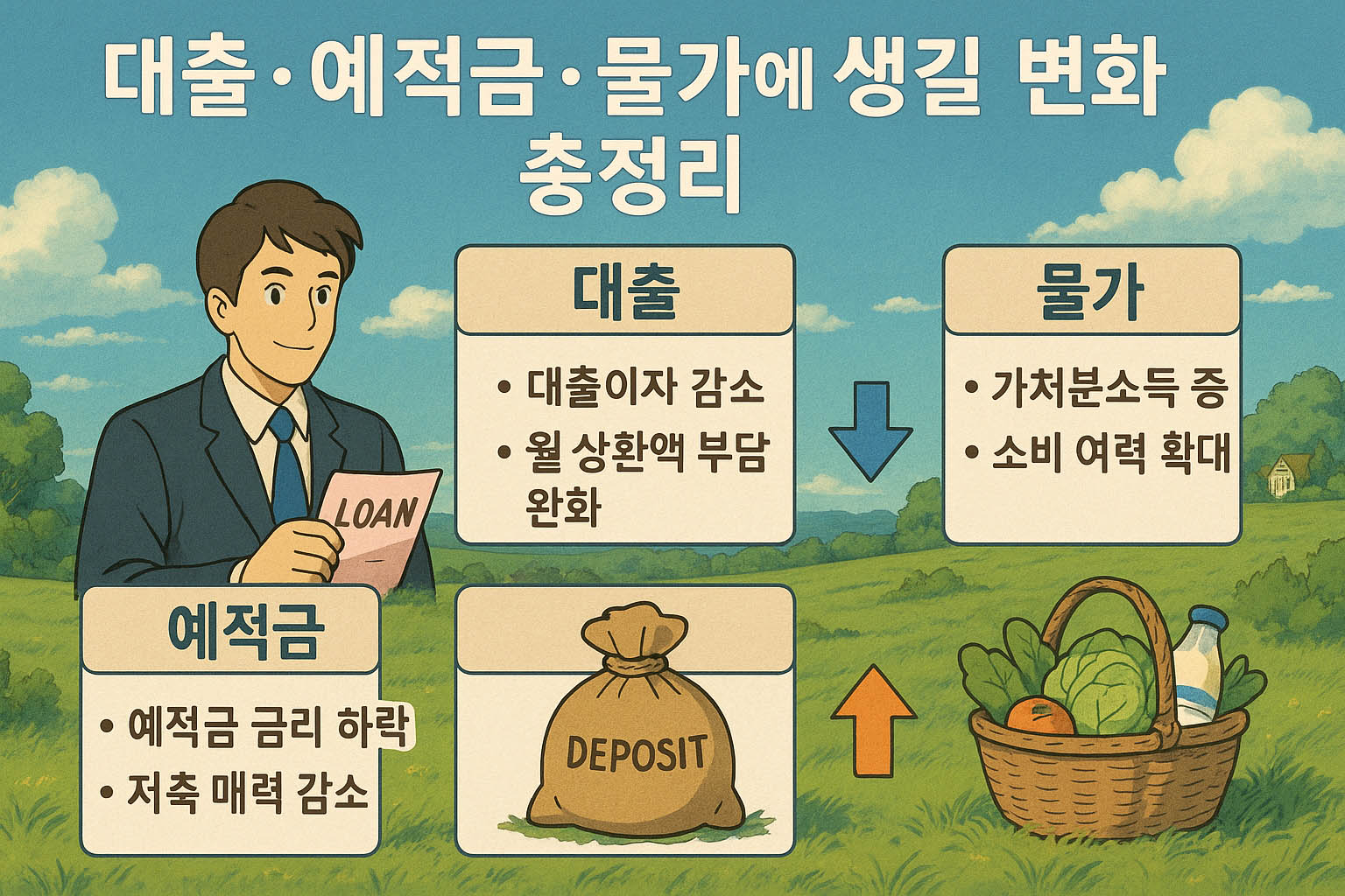 대출 이자 감소&middot;예적금 금리 하락&middot;물가 영향 한눈에 보여주는 지브리풍 인포그래픽