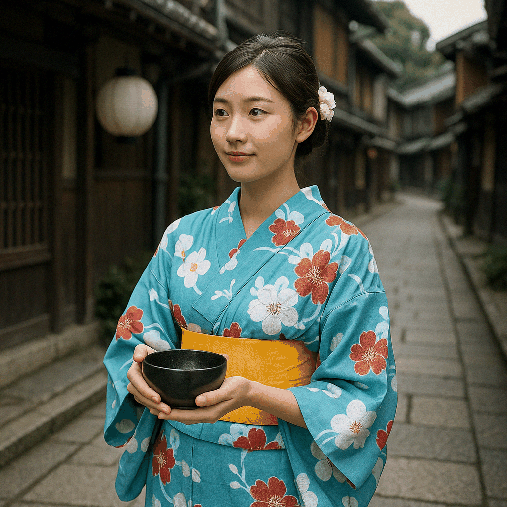 전통적인 일본 거리에서 유카타를 입고 다도 그릇을 들고 있는 젊은 동양 여성이 고요한 분위기 속에 서 있는 모습