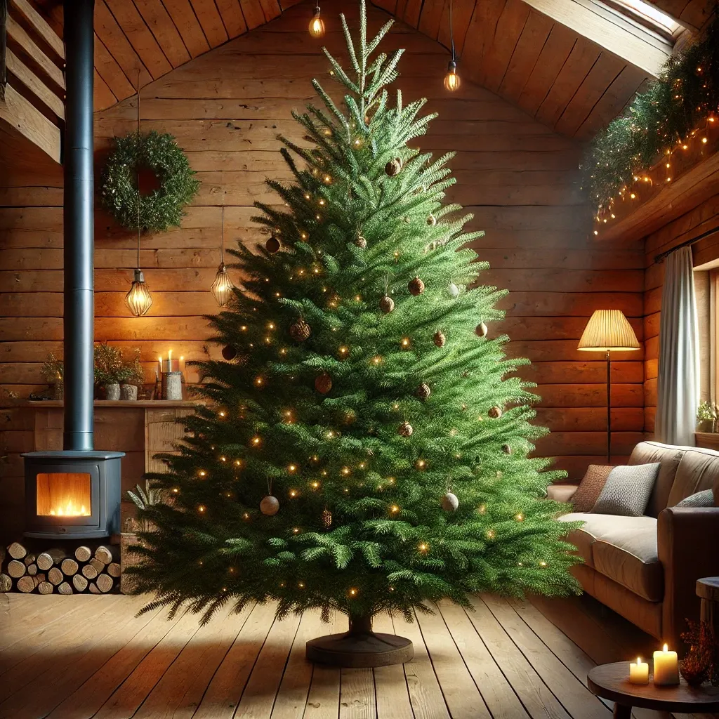 천연 크리스마스 트리&amp;#44; 신선하게 잘린 자연스러운 형태와 질감을 지닌 트리&amp;#44; 전통적인 장식으로 꾸며진 따뜻하고 아늑한 분위기
