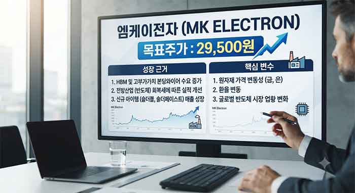엠케이전자 목표주가와 성장 근거를 보여주는 화면.