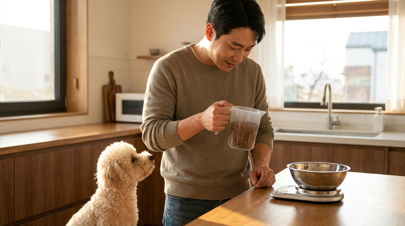 사료 그릇과 줄자를 함께 든 남성