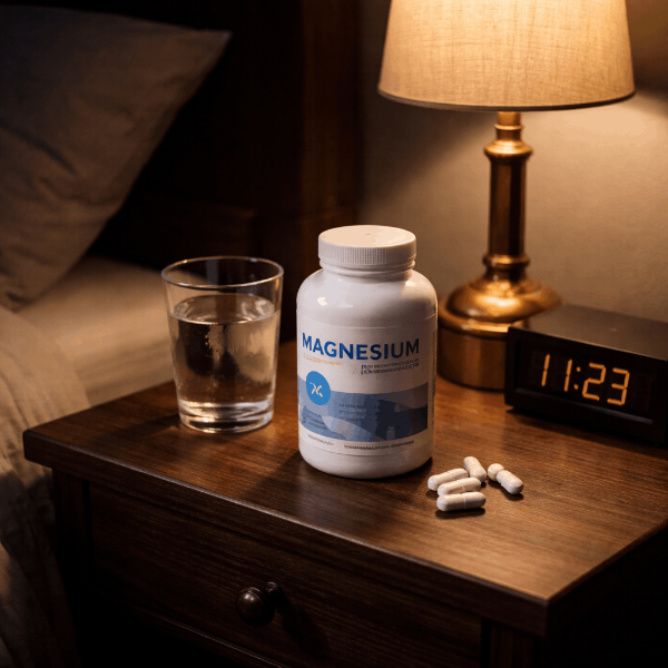 늦은저녁, 침대 옆 탁상의 마그네슘과 물