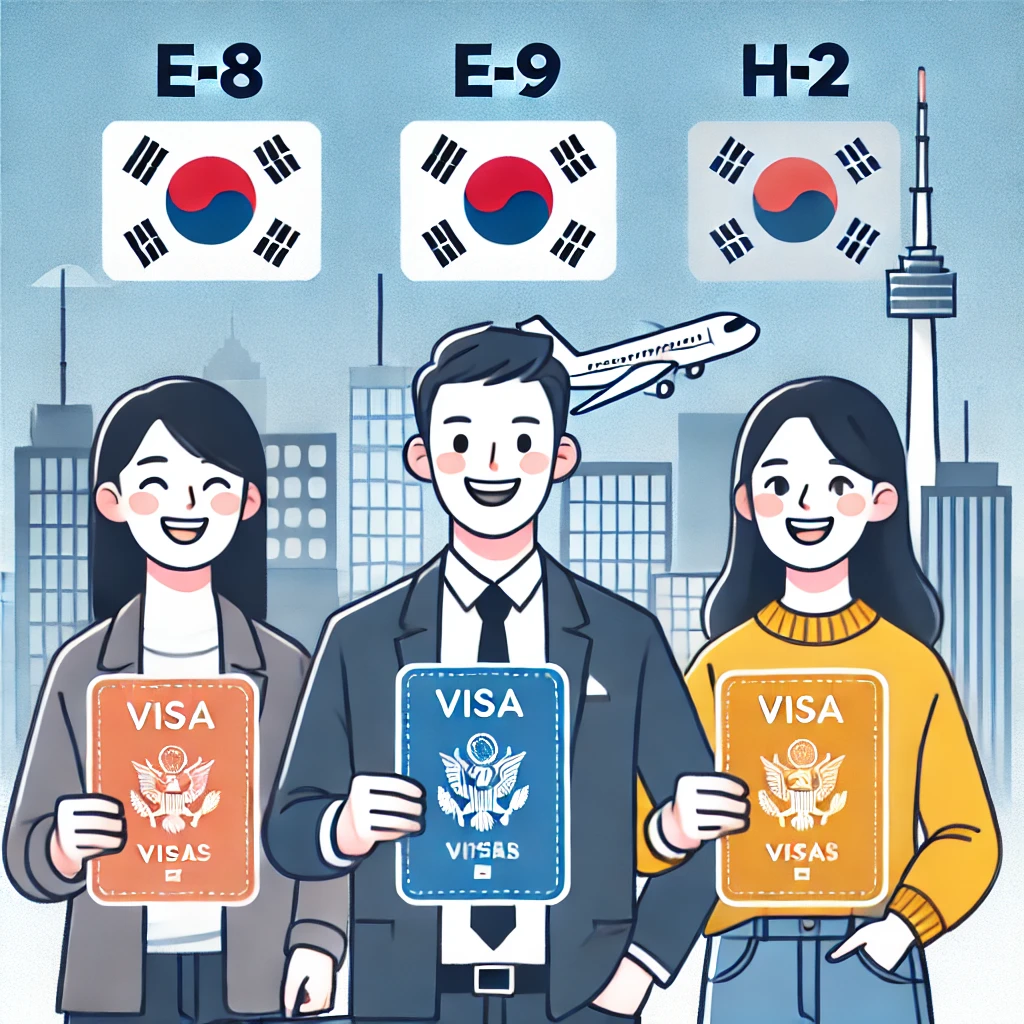 A group of foreign workers with E-8&amp;#44; E-9&amp;#44; and H-2 visas&amp;#44; standing together with a cityscape behind them 