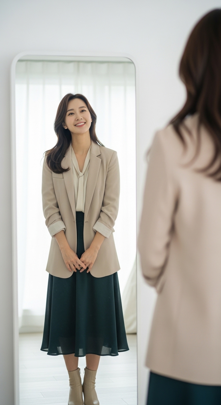 거울 앞에서 자신의 코디를 만족스럽게 바라보는 밝은 표정의 한국 녀