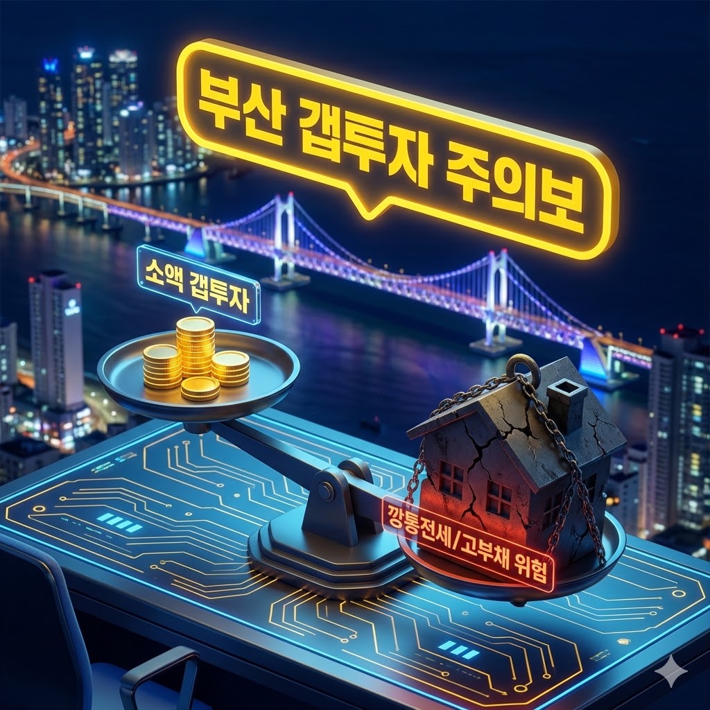 부산 갭투자 위험성 경고, 저울 위에 놓인 소액 투자금과 무거운 부채를 형상화한 일러스트