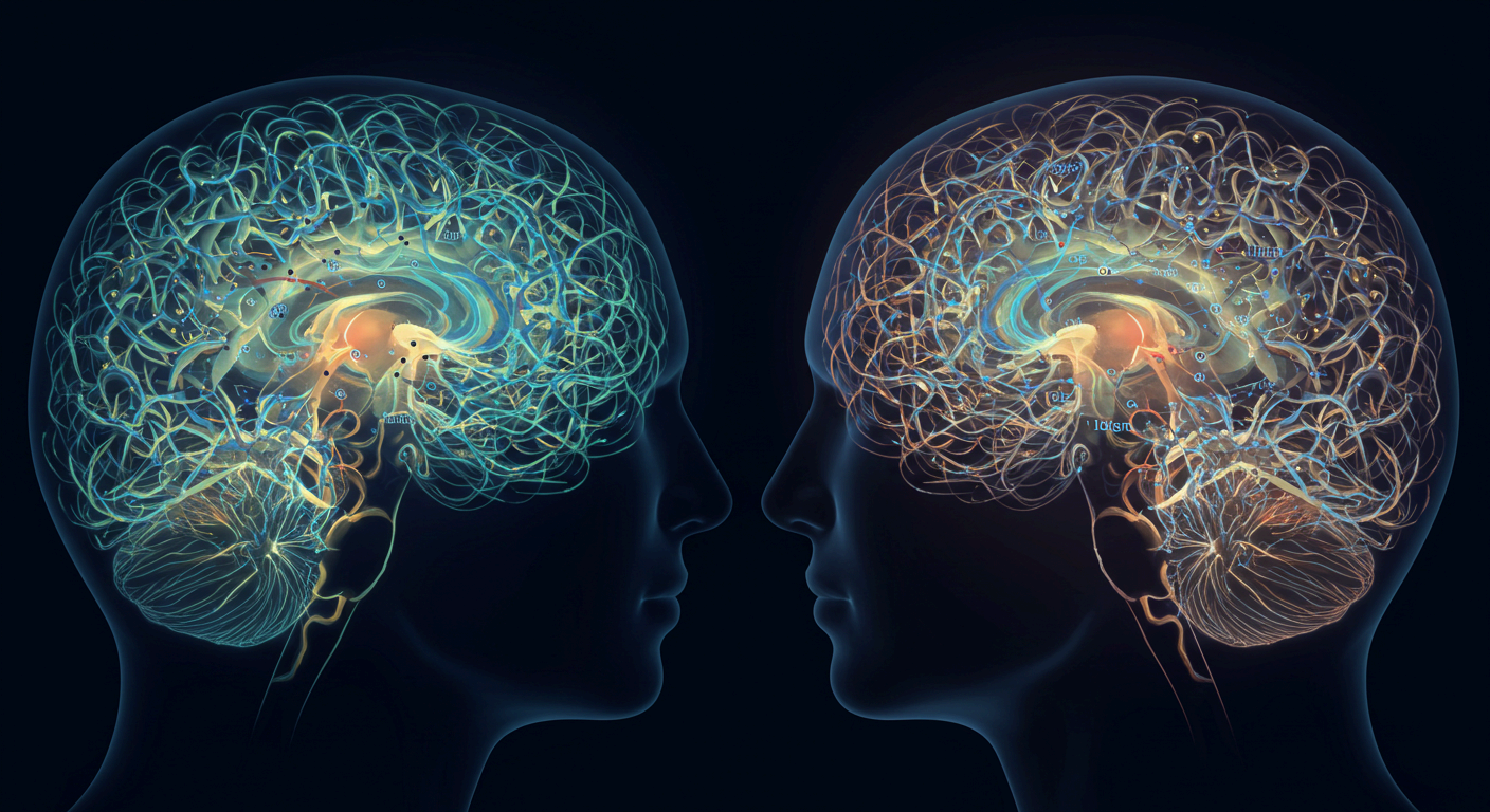 두 개의 인체 두뇌가 마주 보고 있으며, 내부에는 신경망이 복잡하게 얽혀 빛나고 있다. 인간의 뇌와 인공지능의 연결 또는 신경 네트워크의 작동 원리를 시각화한 이미지.