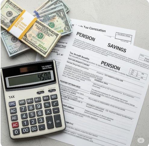 세금 계산기, 달러 지폐, 연금 저축 서류가 함께 놓여 있는 이미지. 세금 혜택을 통한 은퇴 자금 마련을 시각적으로 표현