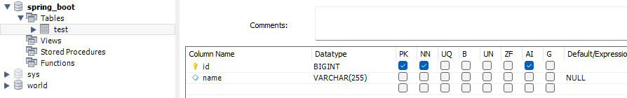 JPA에 의해 생성된 test 테이블 정보
