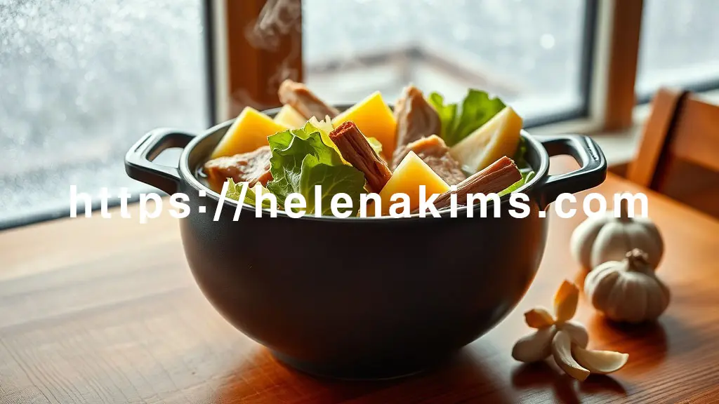 따뜻한 식탁 중앙에는 김이 펄펄 나는 감자탕이 놓여 있고, 윤기 있는 돼지 등뼈, 푸른 시래기, 노란 감자가 먹음직스럽게 담겨있는 이미지.