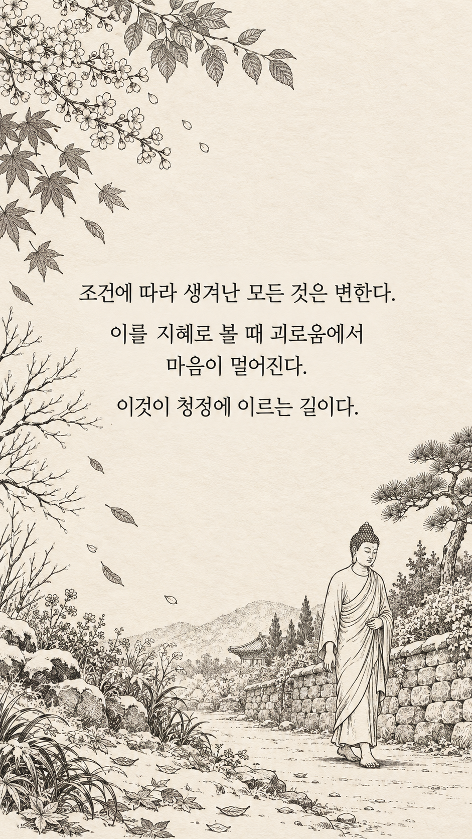 변하는 것을 지혜롭게 바라보기 — 종이 질감에 깔끔한 펜선 명언 삽화