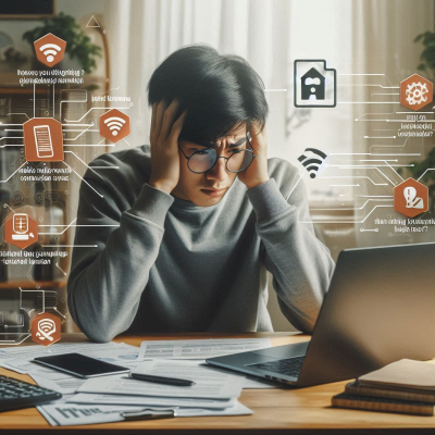 노트북을 보며 심각한 표정으로 고민하는 여성, 보안 문제 발생.