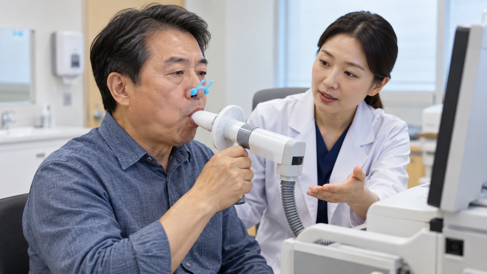 코마개를 착용하고 폐활량을 측정하는 국가건강검진 장면