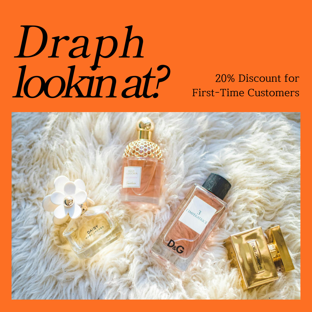 オレンジの背景に「Draph Lookin at?」と「初めてのお客様は20%オフ」というテキストが書かれています。画像の中央には、4種類の香水が毛皮のラグの上に配置されています。