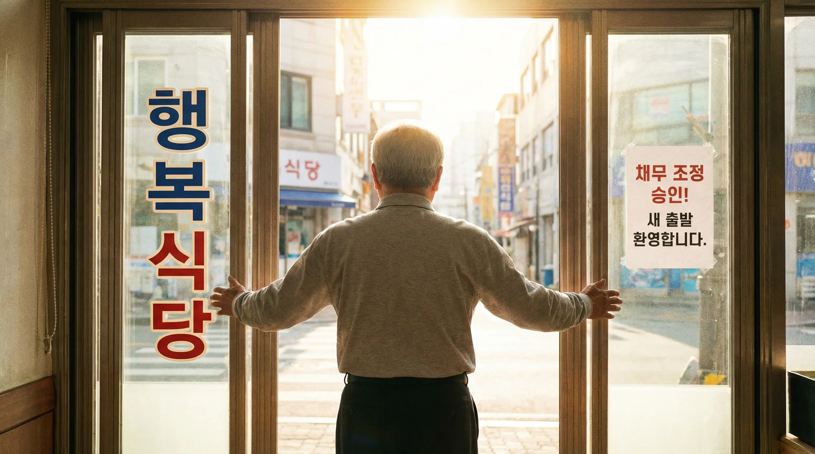 채무 조정 승인 후 가벼워진 마음으로 다시 가게 문을 여는 사장님의 뒷모습, 밝은 햇살 배경