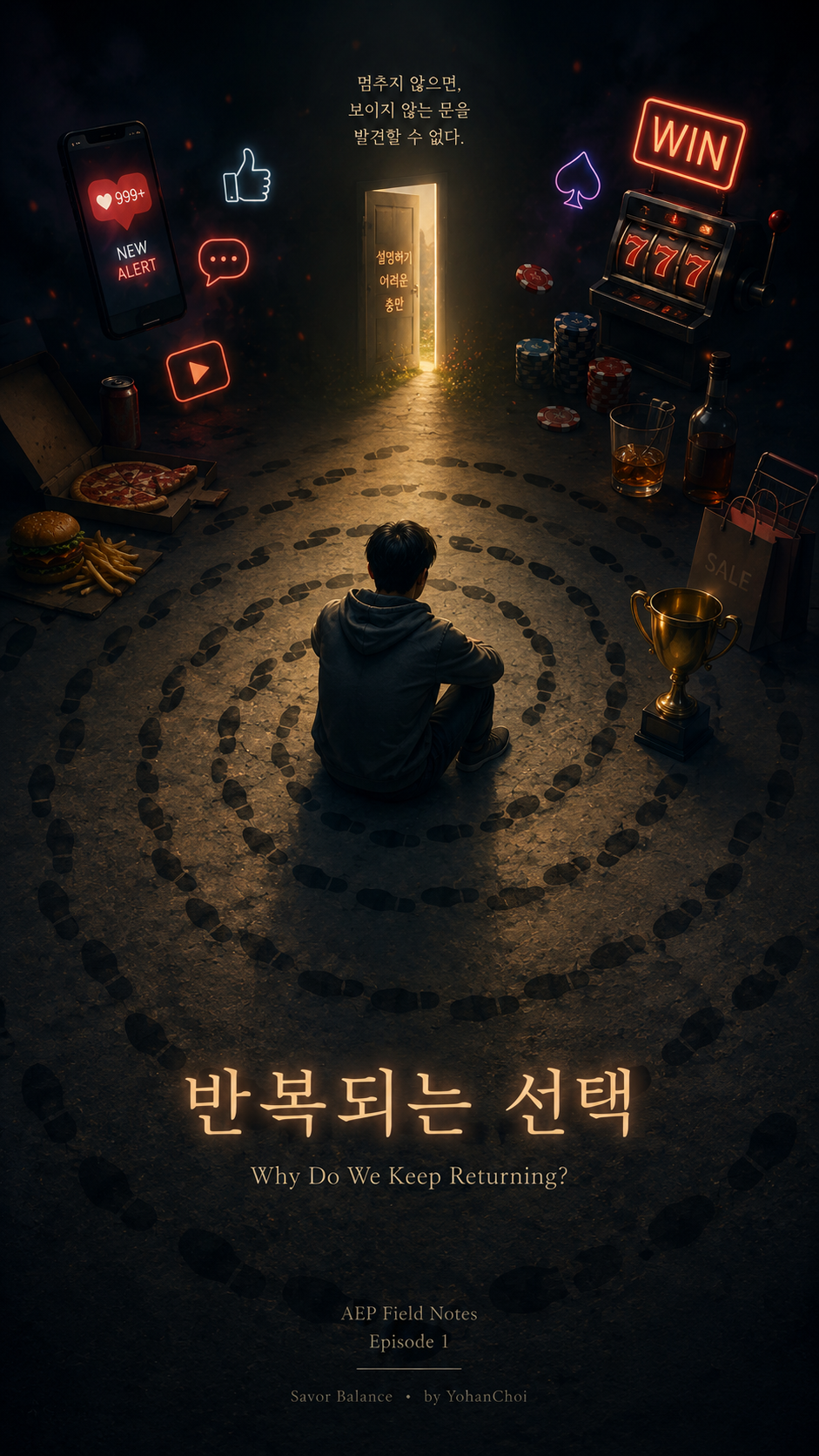 A person caught in repeating pleasures, facing a path to deeper fulfillment.