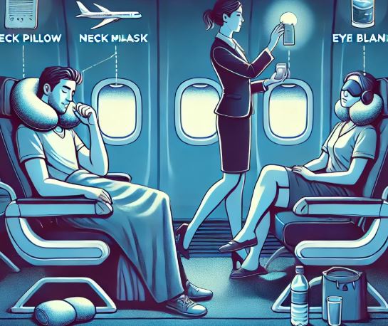 야간 비행에서 편안하게 여행하는 이미지