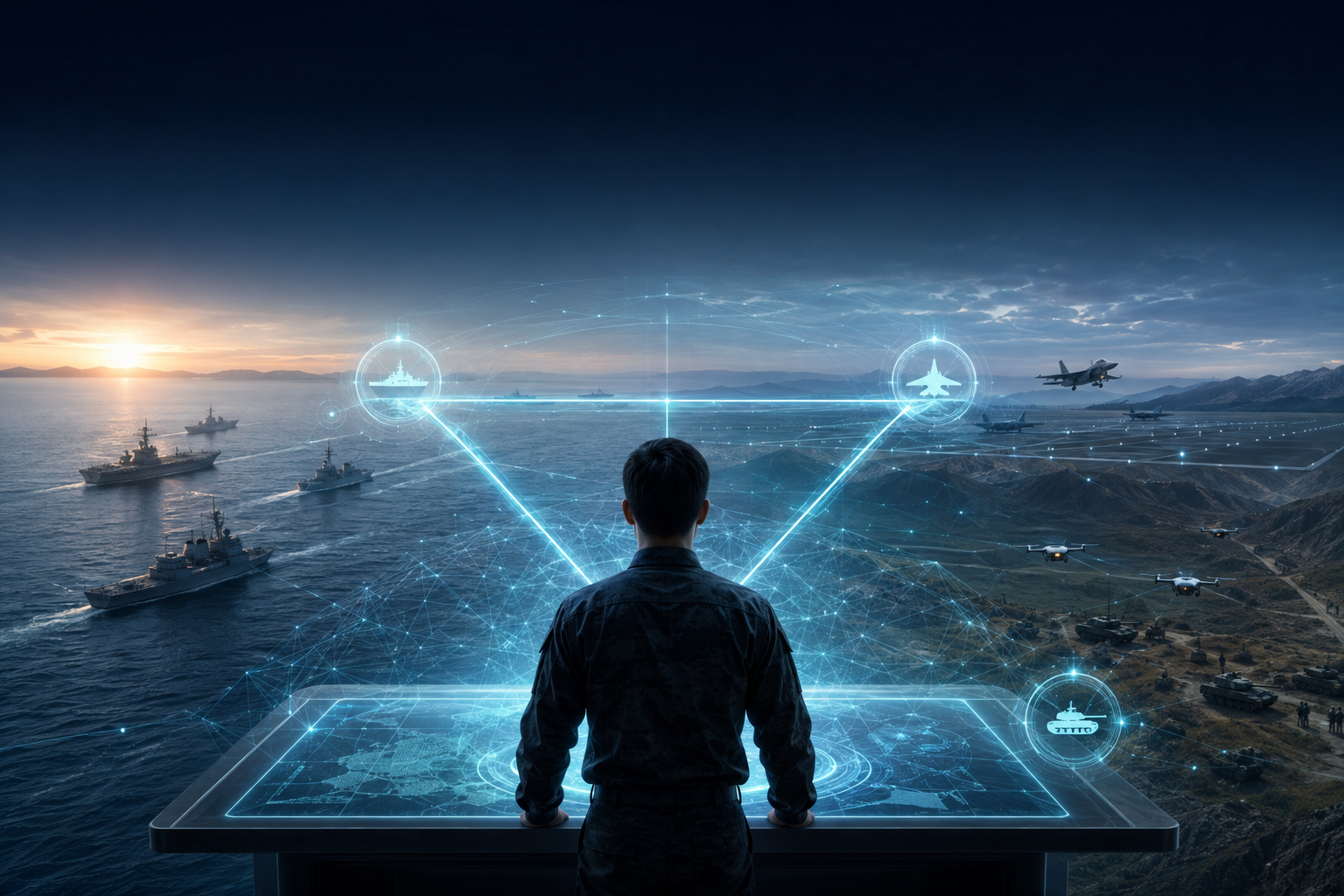 Conceptual illustration of a future military commander standing at a holographic command table as a luminous triangular network connects naval warships, fighter aircraft, drones, and ground forces across sea, air, and land, representing human-centered AI command and an integrated synthetic battlefield for joint military education.