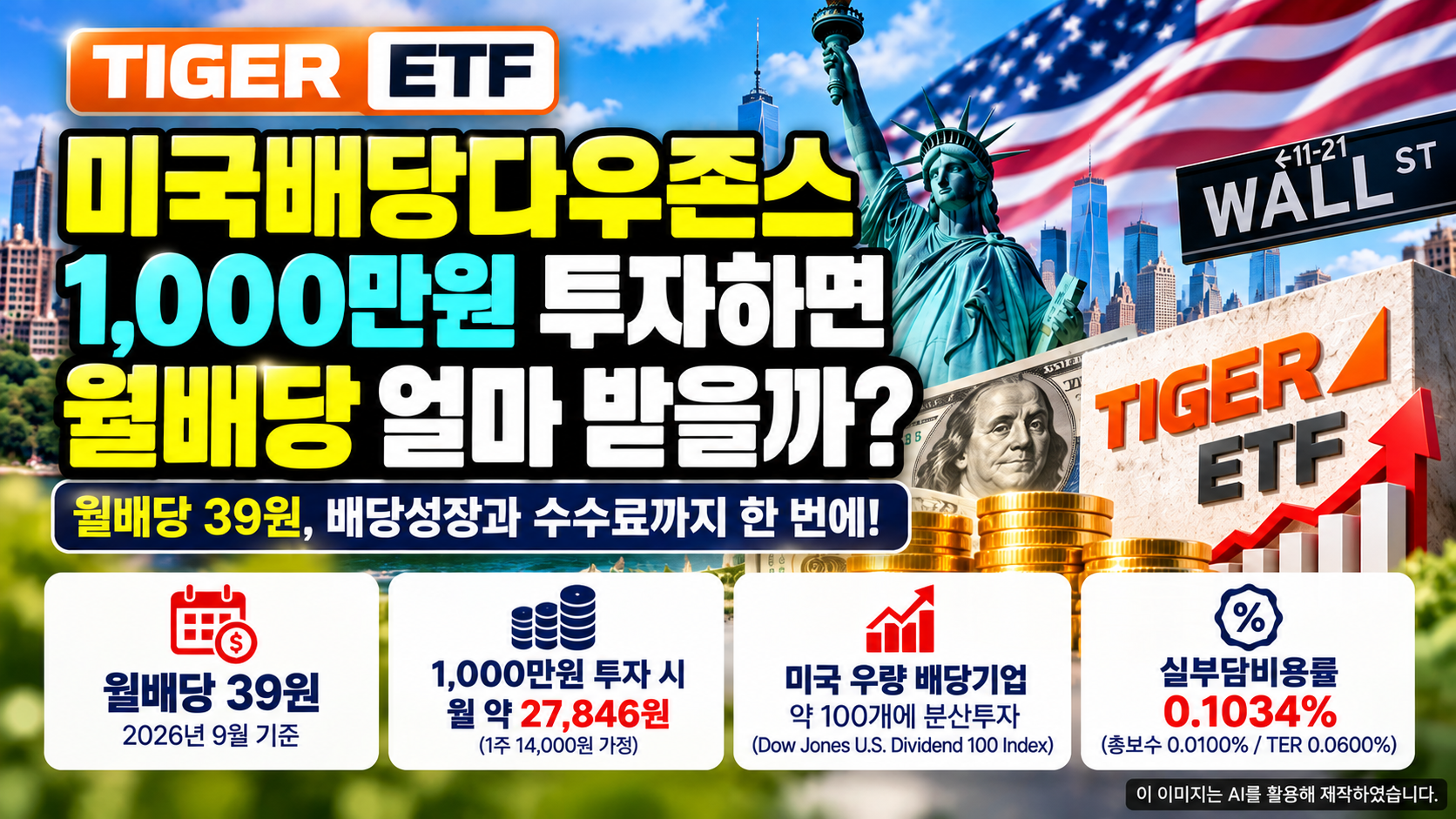 TIGER 미국배당다우존스 ETF 분석, 1,000만원 투자 시 예상 월배당금 27,846원, 주당 분배금 39원, 실부담비용률 0.1034% 및 미국 배당성장주 투자 전략