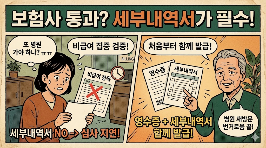 비급여 항목이 있는 경우 세부내역서 필요성과 함께 발급 시점을 설명하는 상황 이미지