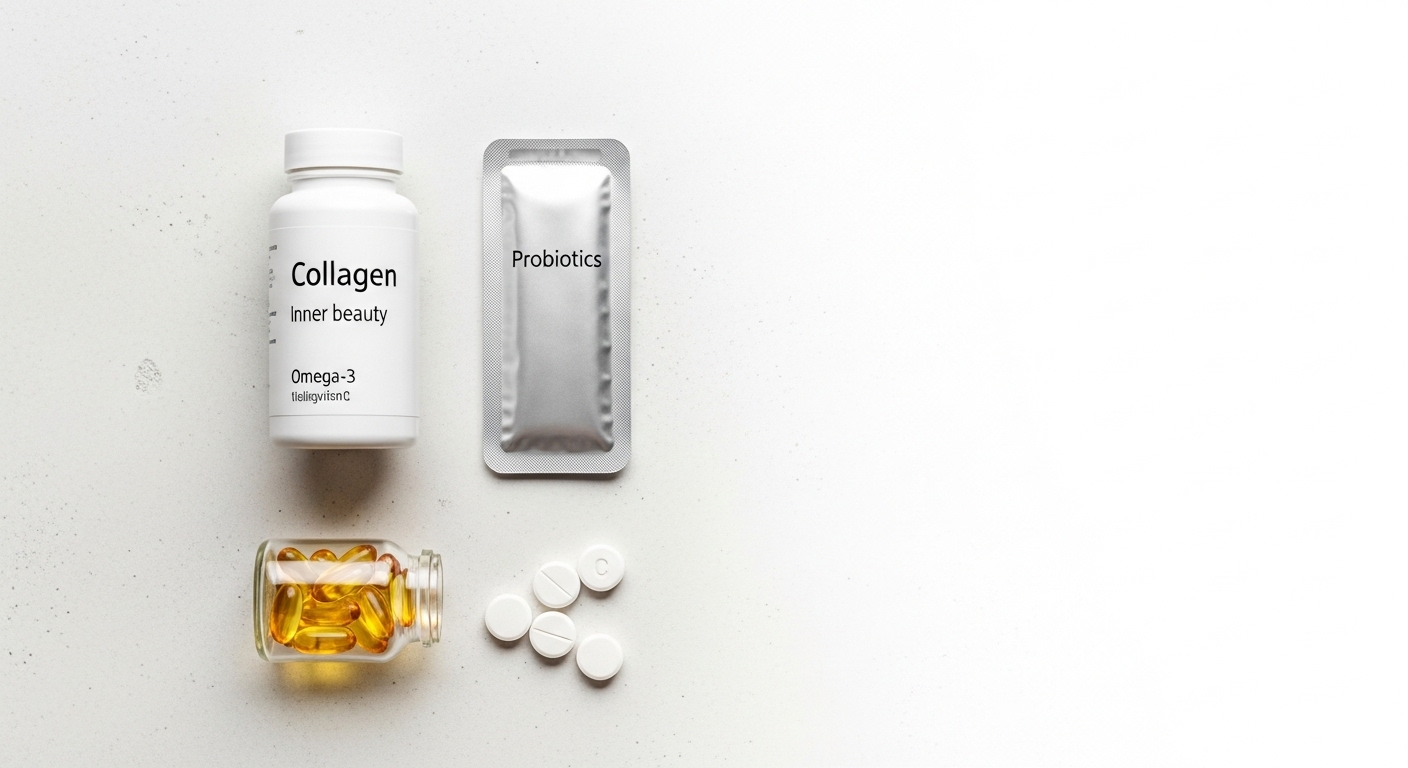 콜라겐, 프로바이오틱스, 오메가-3, 비타민 C 영양제 병과 알약들이 깨끗한 표면에 정돈되어 놓여있는 모습. 중년 피부 건강을 위한 이너 뷰티 영양제를 시사합니다.