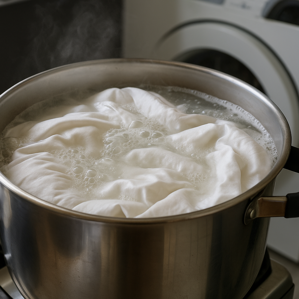 스테인리스 냄비에 하얀 이불을 삶는 장면. 끓는 물 위에 거품이 떠오르며 열기가 피어오른다