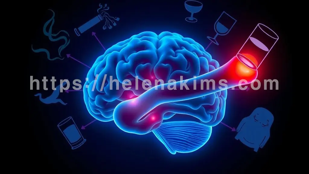 어두운 배경 중앙에 푸르스름하게 빛나는 뇌의 혈관 단면이 보입니다. 이 혈관 주변에는 담배 연기, 술잔, 과다한 지방 축적을 상징하는 추상적인 아이콘들이 혈관을 옥죄듯이 둘러싸고 있습니다.