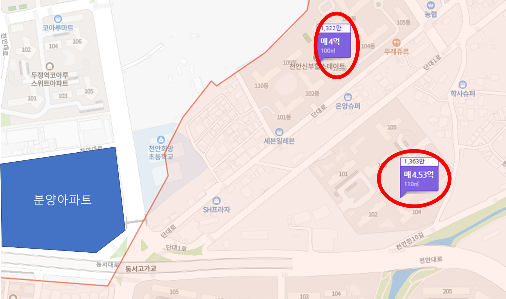 천안-롯데캐슬-더-두정-유사한-입지-아파트-가격