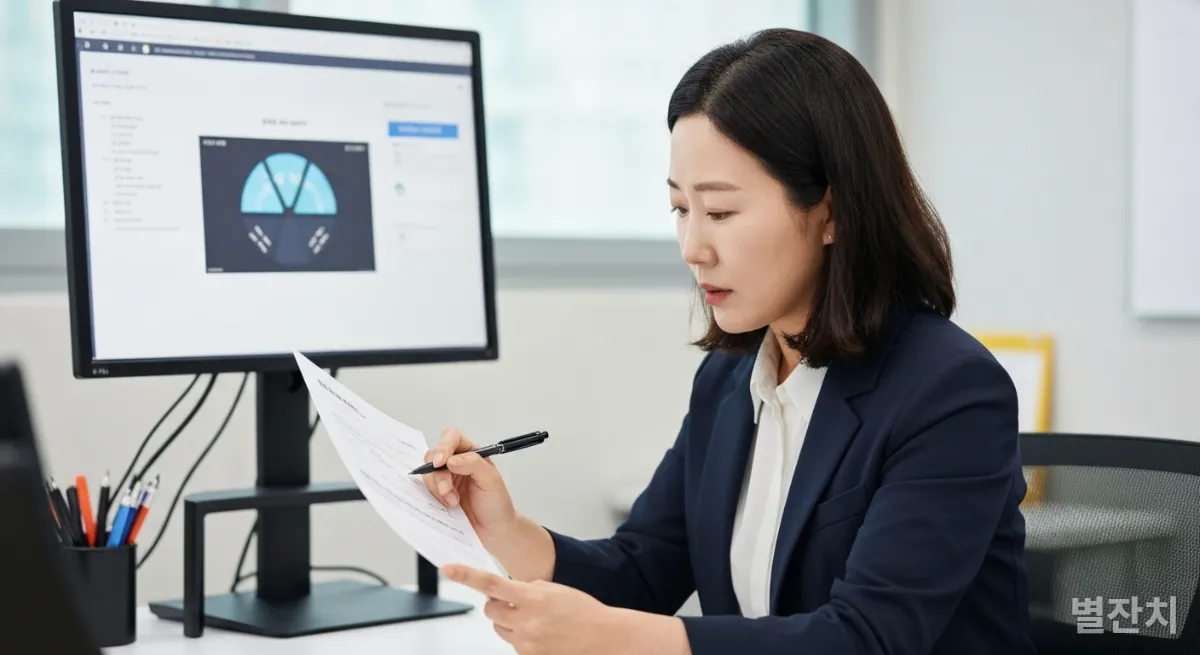 AI가 생성한 보고서를 신중하게 검토하고 피드백을 제공하는 한국인 여성 리더