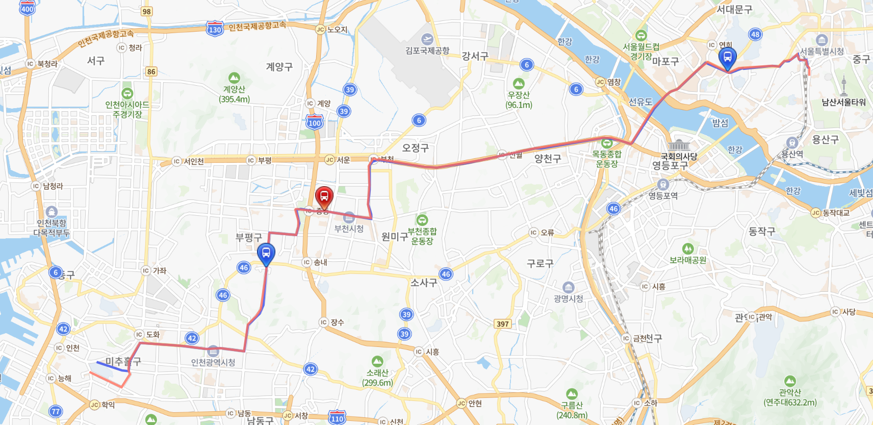 인천버스정보 홈페이지 버스 검색 스크린샷