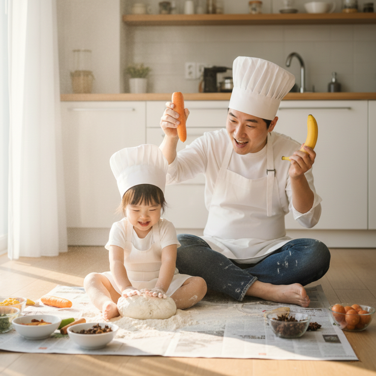24개월 아기 촉각놀이로 주방놀이 재료 (밀가루, 당근 등)를 탐색하며 형용사 학습을 하는 오감놀이 세트 활동.