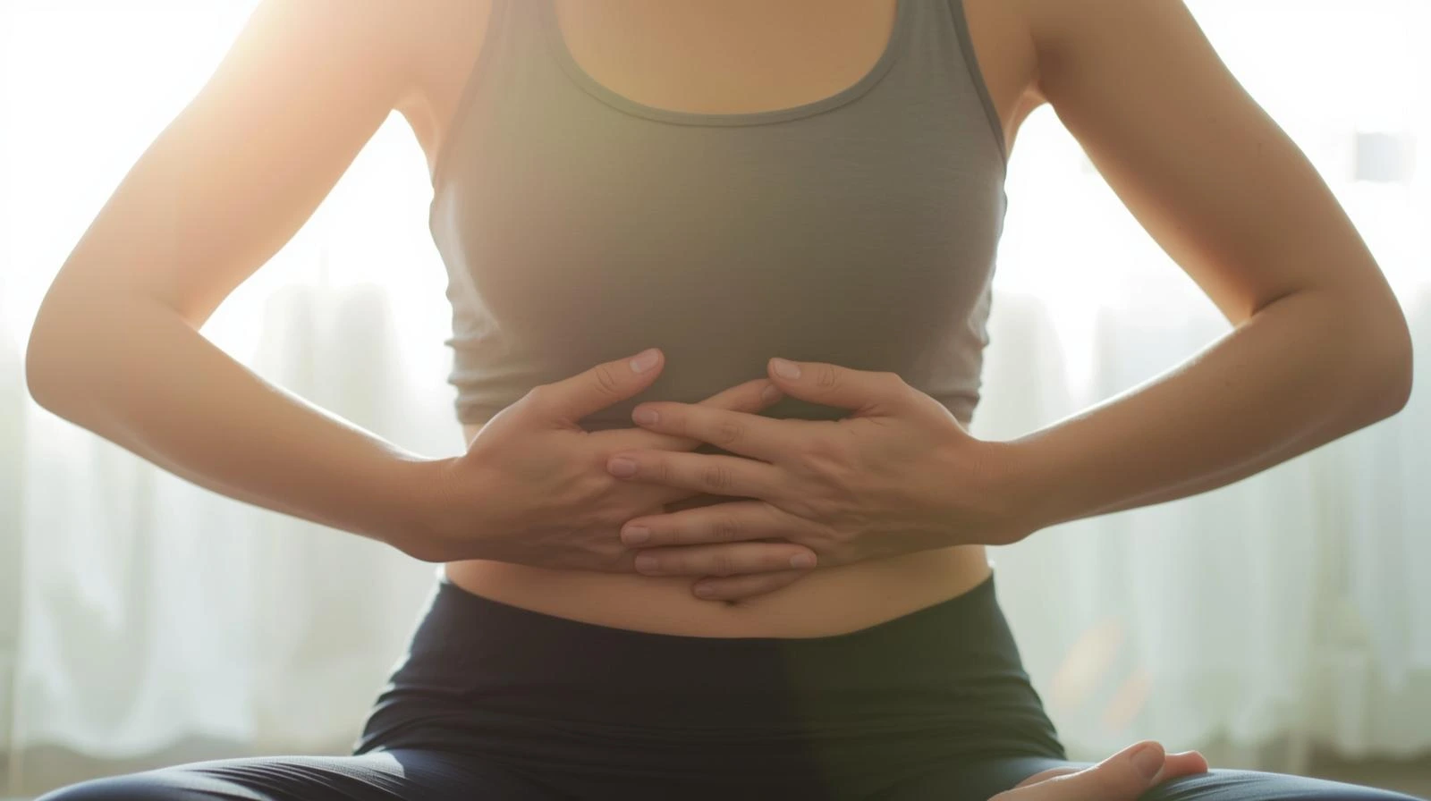 복식호흡 자세를 취하는 사람