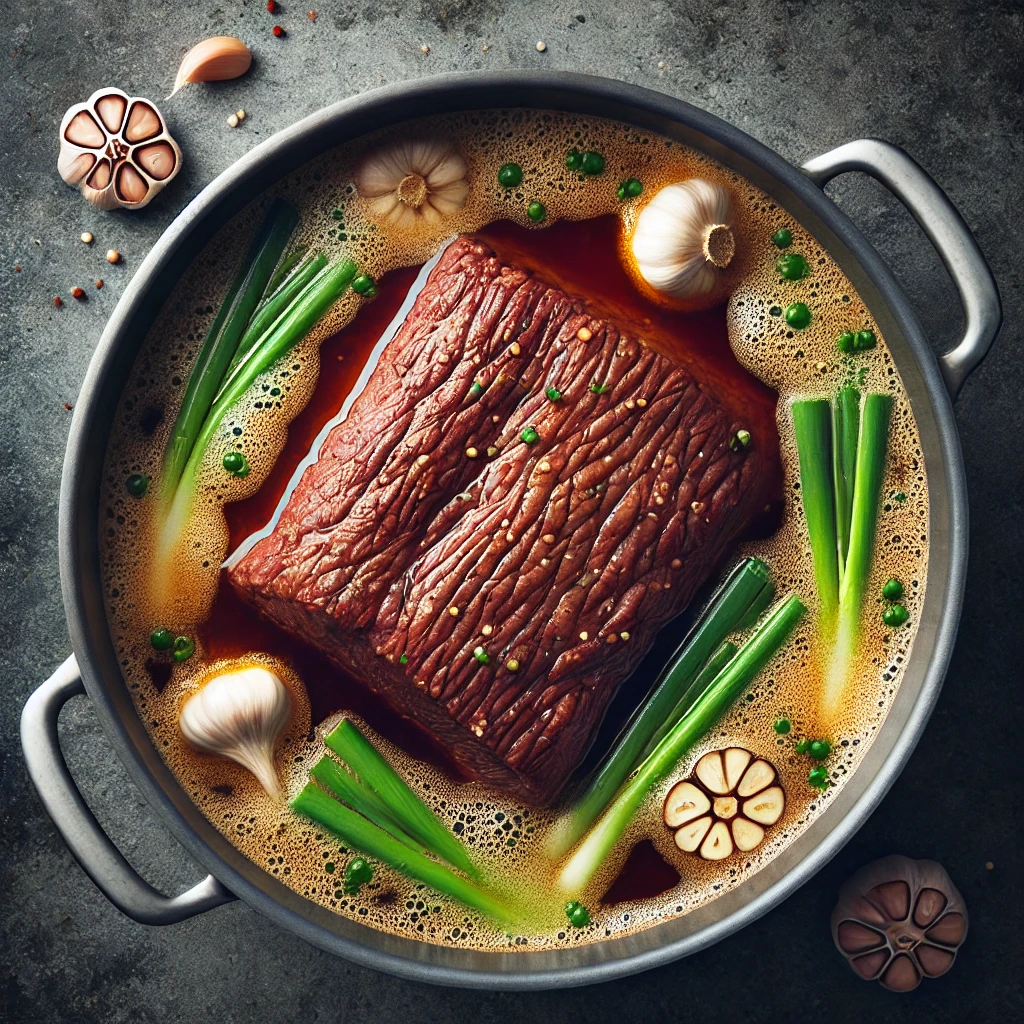 1️⃣ 소고기 육수 만들기
👉 냄비에 물 1.2L를 붓고 양지머리를 넣은 후 센 불에서 끓여주세요.
👉 거품이 올라오면 한 번 걷어내고, 중불에서 30분 정도 끓여 진한 육수를 만들어 줍니다.
👉 다 끓인 후 소고기는 건져서 찢어두고, 육수는 체에 걸러 맑게 준비하세요.