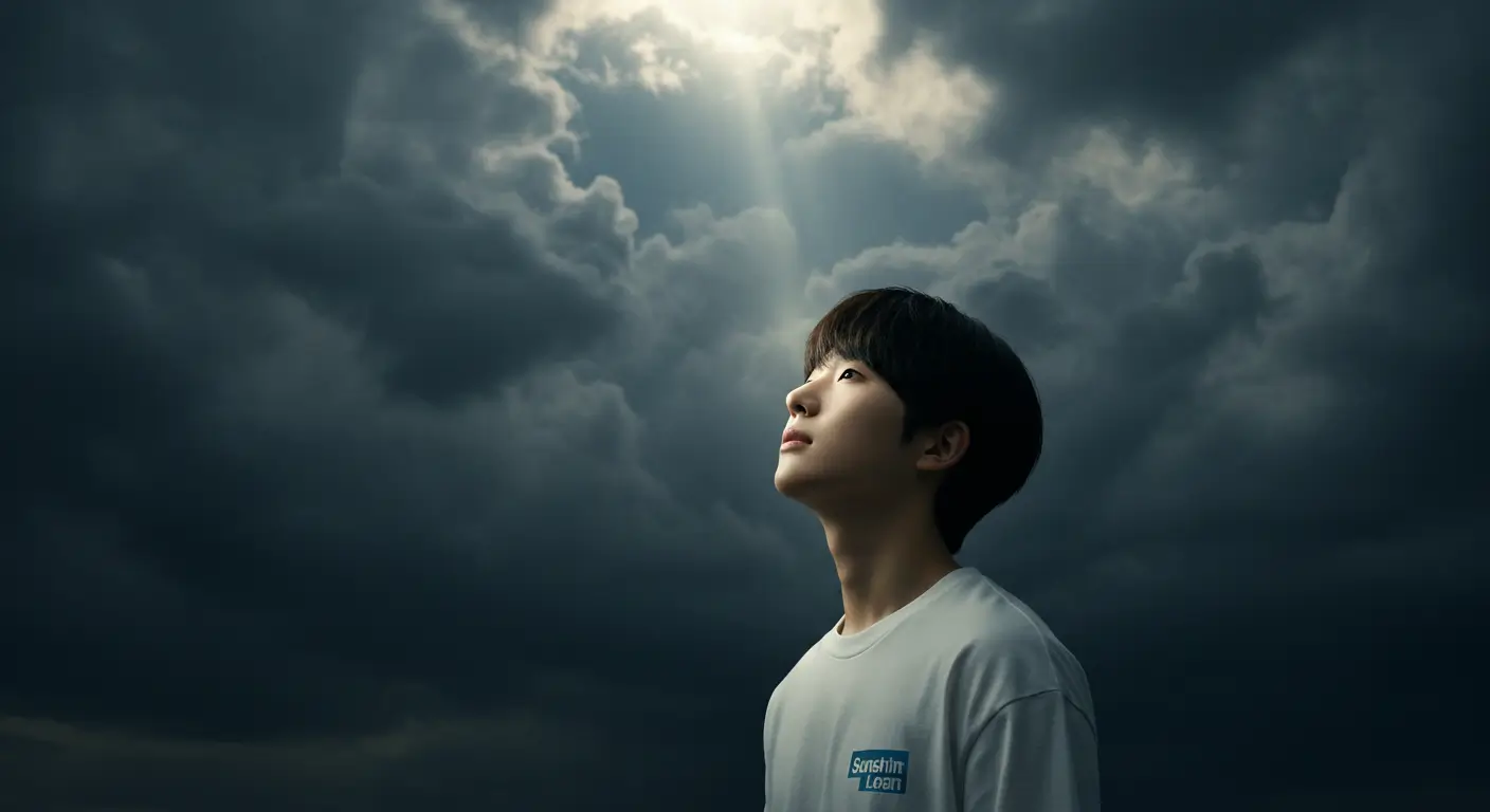 어두운 구름 사이로 비치는 햇살을 보며, 저축은행 햇살론의 희망을 발견하는 한국인 청년