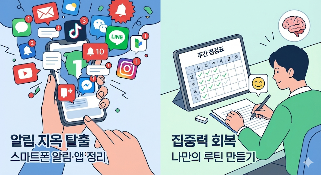 알림 지옥 탈출: 스마트폰 알림&middot;앱 정리로 집중력 회복하는 주간 점검표