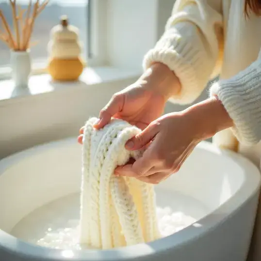 햇빛이 드는 창가에서 니트 스웨터를 부드럽게 손세탁하는 모습