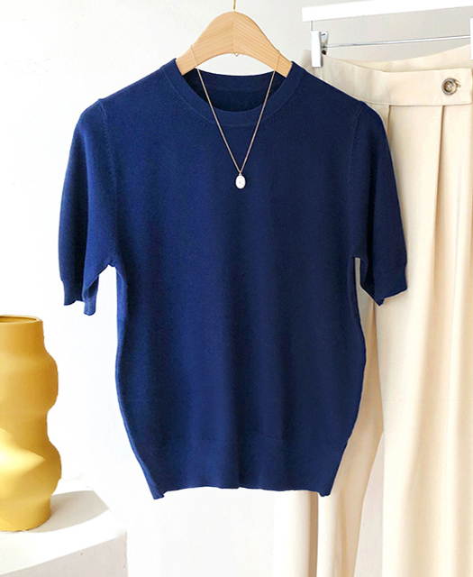 여성 라운드 감촉좋은 캐시미어 반팔 니트 티