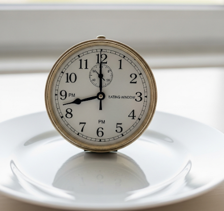시간제한 식사법을 표현한 접시위에 아날로그시계가 올라간 사진