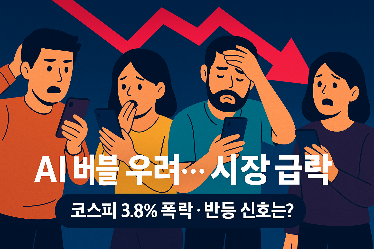 주식 시장 급락 소식에 놀란 네 명의 사람들이 스마트폰을 바라보며 걱정하는 모습과, 배경에 붉은 하락 화살표가 크게 나타난 일러스트.