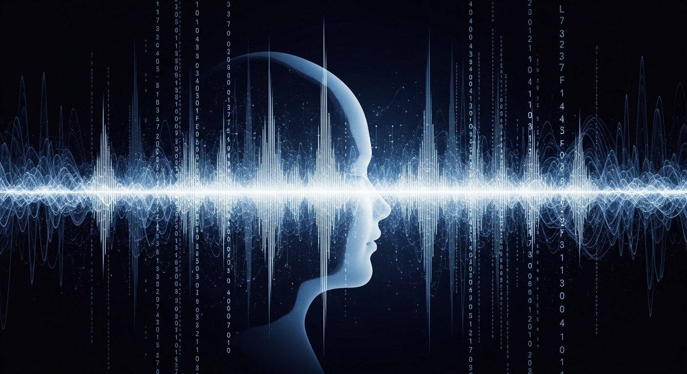 음파와 코드, 사람 얼굴 실루엣이 합쳐지는 추상적인 이미지. AI 음성 기술의 발전과 그로 인한 저작권 및 윤리적 문제를 표현.