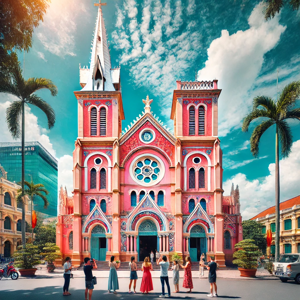 호치민 떤딘 성당의 분홍빛 외관과 사진 찍는 여행객들