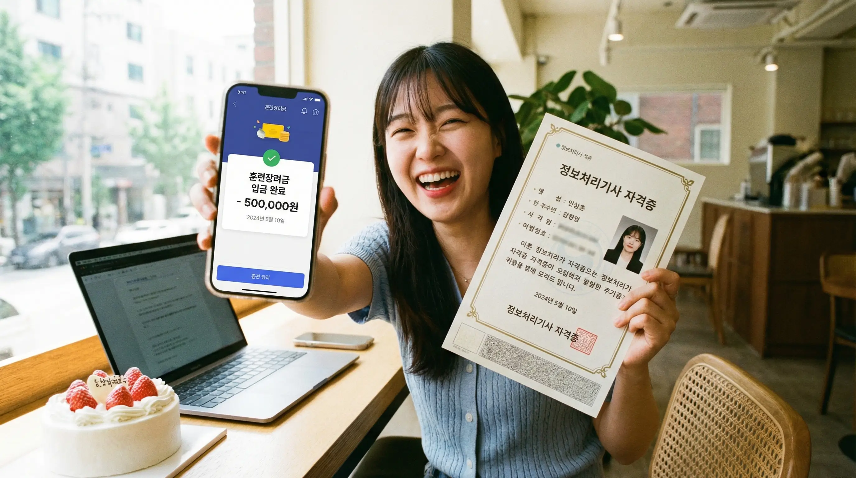 훈련장려금 입금이 확인된 스마트폰 화면과 자격증을 들고 환하게 웃는 취업 성공자의 모습