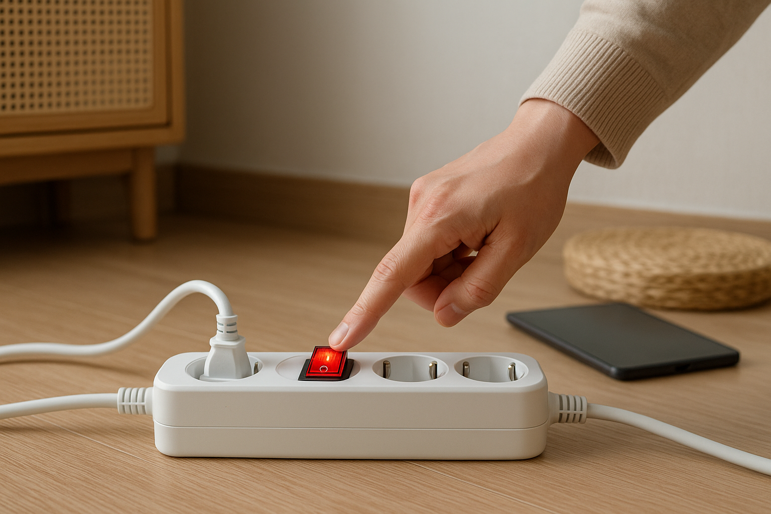 멀티탭 전원 스위치 끄는 손